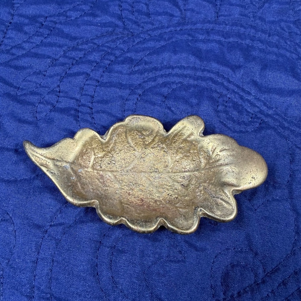 Vintage Solid Brass Leaf Trinket Dish Made in England Gold Decorative Tray 4in
